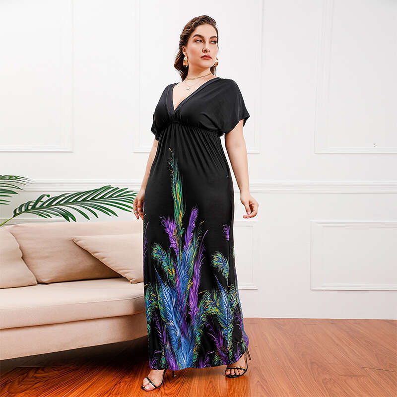 Bohemian Hot Selling Fat Mm Extended Plus Size Ice Silk Holiday Beach Mid Length Dress Sexy Dress Floral Dress Sexy Waist Temperament High Waist Dress