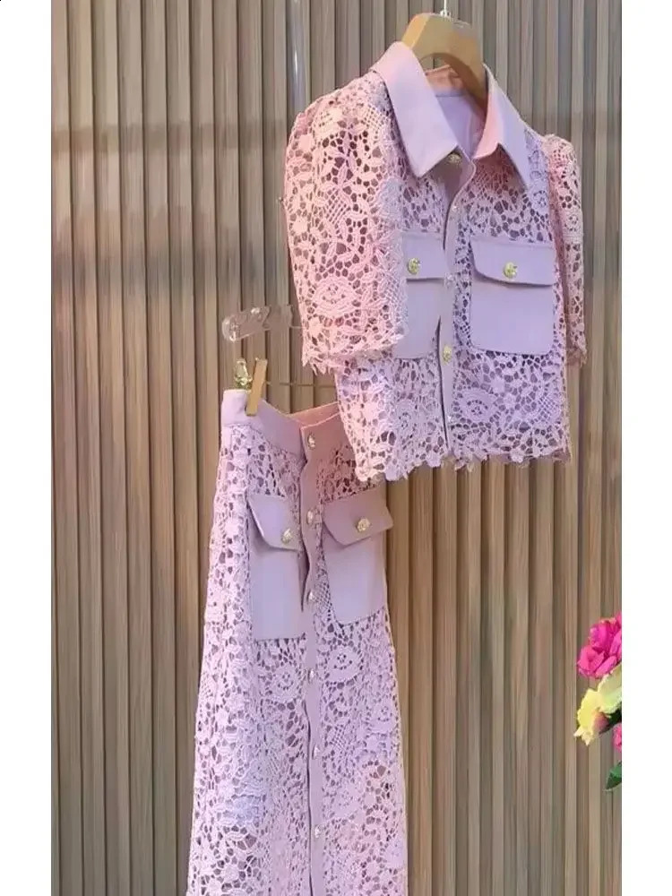 Temperament Office Lady Work Blouse Hollowed Out Shirt Short Sleeve Shirts Pink Pencil Skirts 2 Piece Sets Womens Outfits A Line 240727