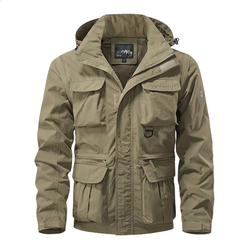 Detachable windproof hooded jacket mens casual waterproof multi bag cargo vest suitable for outdoor activities 240807