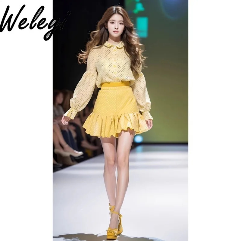 Sweet Korean Drama Female Lead Skirt Suit Ropa Mujer Spring Fashionable Yellow Polka Dot Shirt Pleated Skirts Two Piece Set 240727