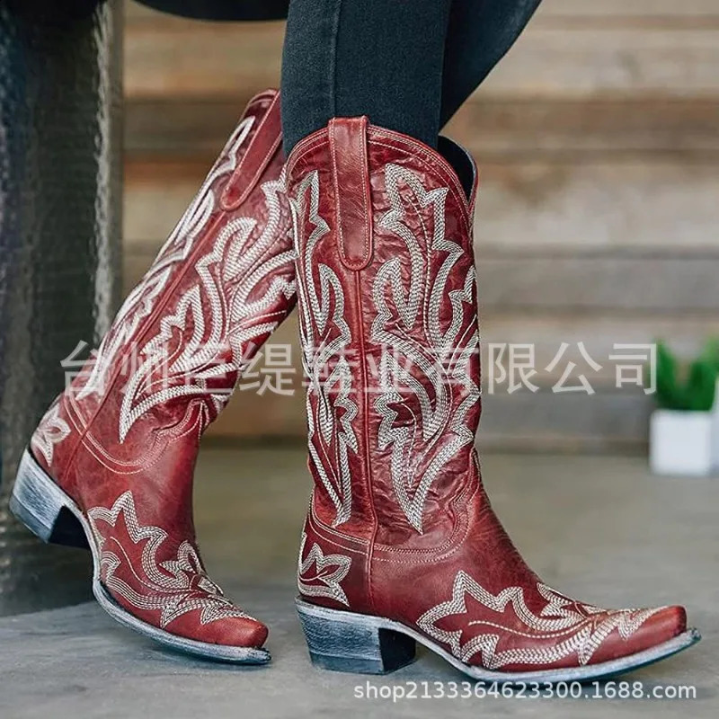 Vintage Boots Womens Embroidered Heeled Red Knee hot High Cowboy Boots, Western Style Mid-Calf Autumn Casual Shoes
