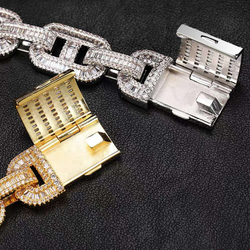 Fashion Style Baguette Cuban Chain 19mm Width S925 Silver with d Color Baguette Moissanite Cuban Link Chain Rapper Necklace