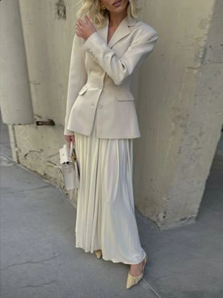 TWOTWINSTYLE Solid Chic Two Pieces Sets For Women Lapel Long Sleeve Blazer High Waist Spliced Pleasted Skirt Elegant Set Female 240727