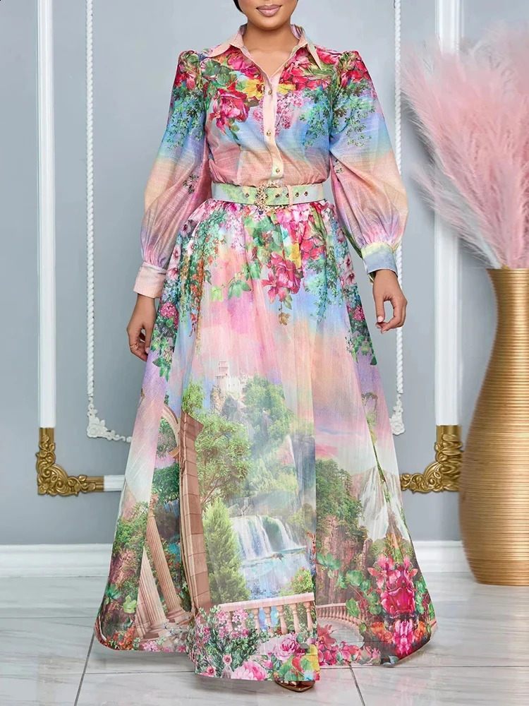 TWOTWINSTYLE Colorblock Printing Two Piece Set For Women Lapel Long Sleeve Top High Waist A Line Skirt Formal Sets Female 240727