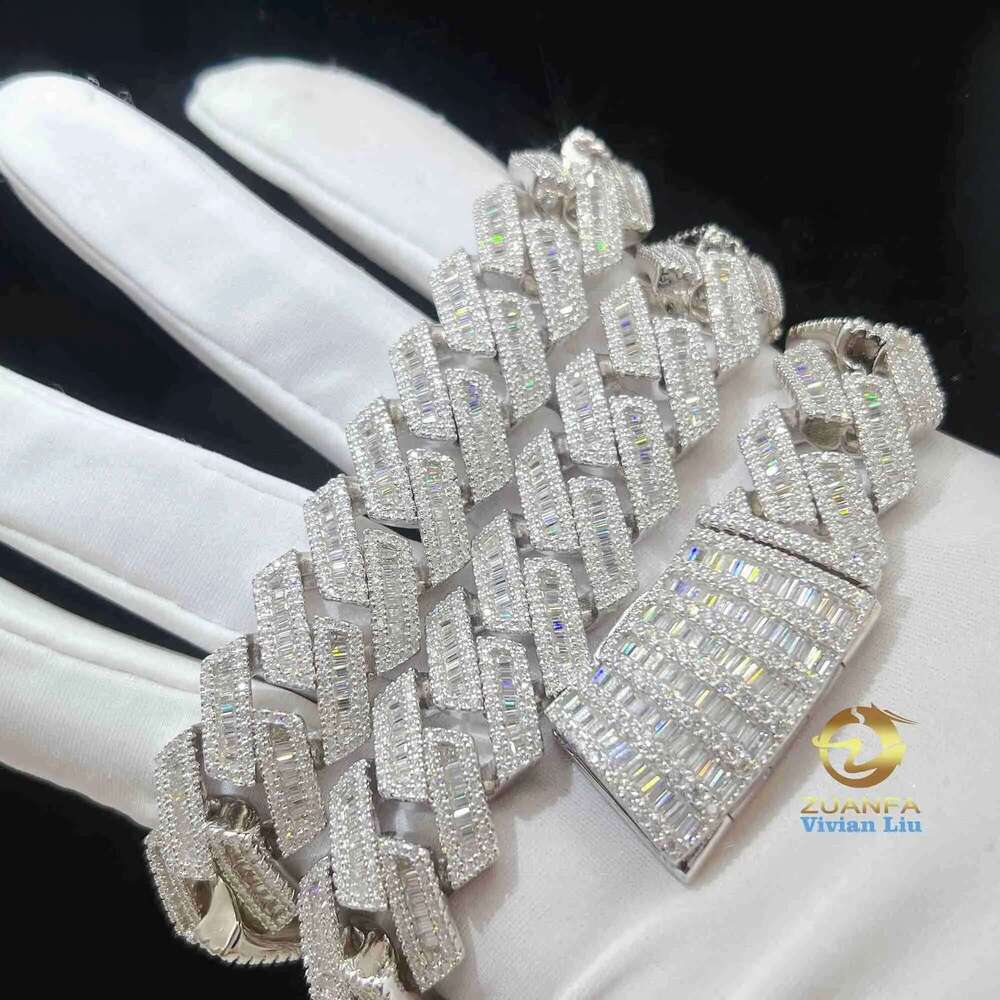 20mm VVS moissanite cuban link chain hip hop Fine jewelry Baguette dia Men necklace Sterling Sier Fully