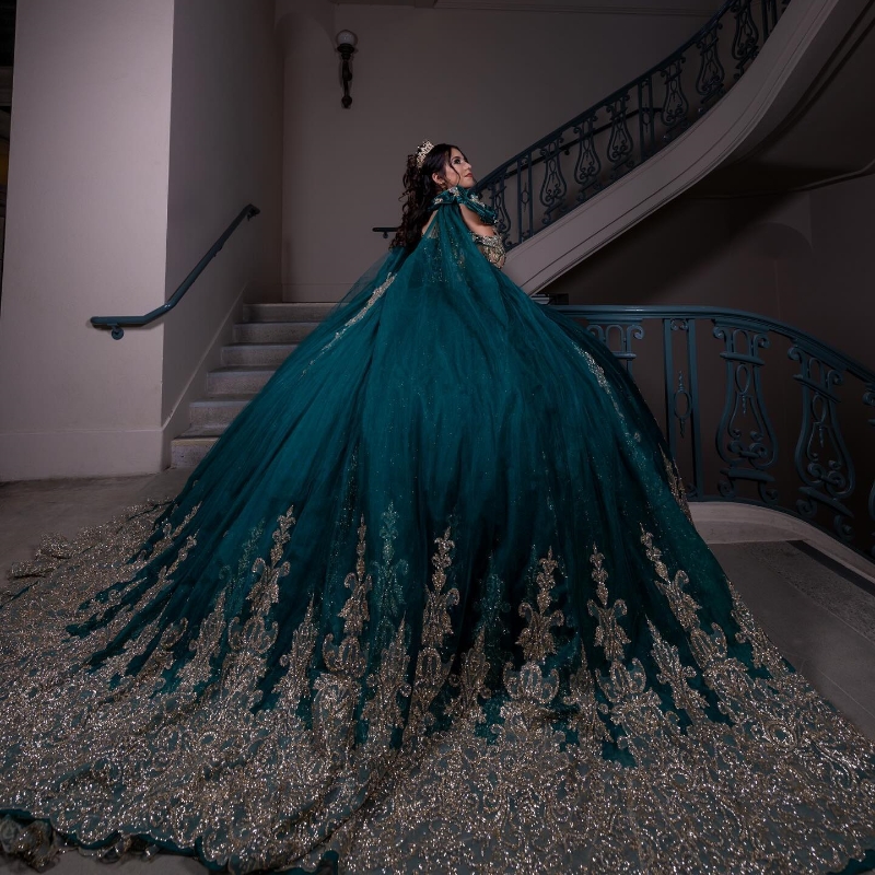 Blackish Green Sequined Appliques Cinnamon Quinceanera Ball Gown Off The Shoulder Birthday Dress Lace Up quinceanera de 15 anos