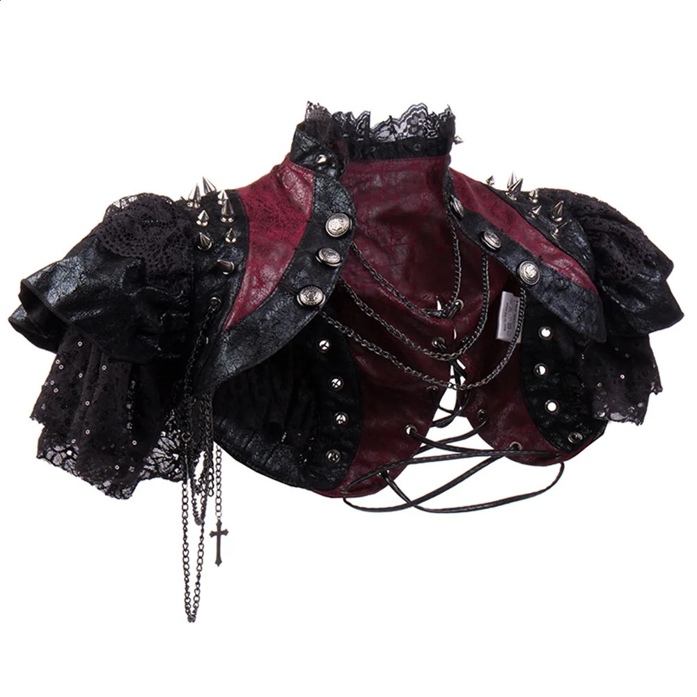 Red Leather Black Lace Rivets Chains y2k Vintage Jacket Steampunk Costume Women Gothic Clothing Rock Rave Coat Cool Streetwear 240723