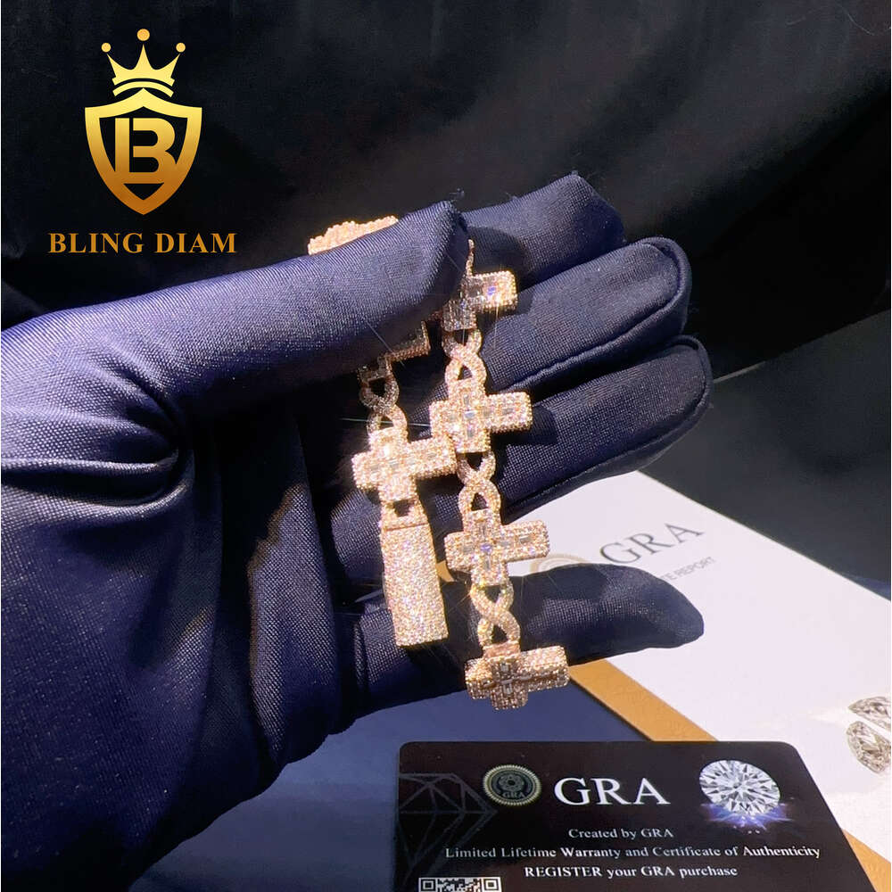 New Custom Hiphop Bracelet Sterling 925 Silver Cross Design Baguette Moissanite Diamond Ice Out Cuban Link Chain Bracelet