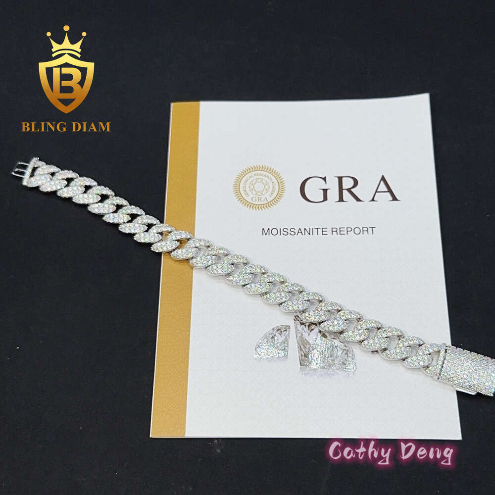 Hip Hop Bracelet 12mm Ice Out S925 Silver Vvs Moissanite Diamond Cuban Link Chain Necklace Bracelet