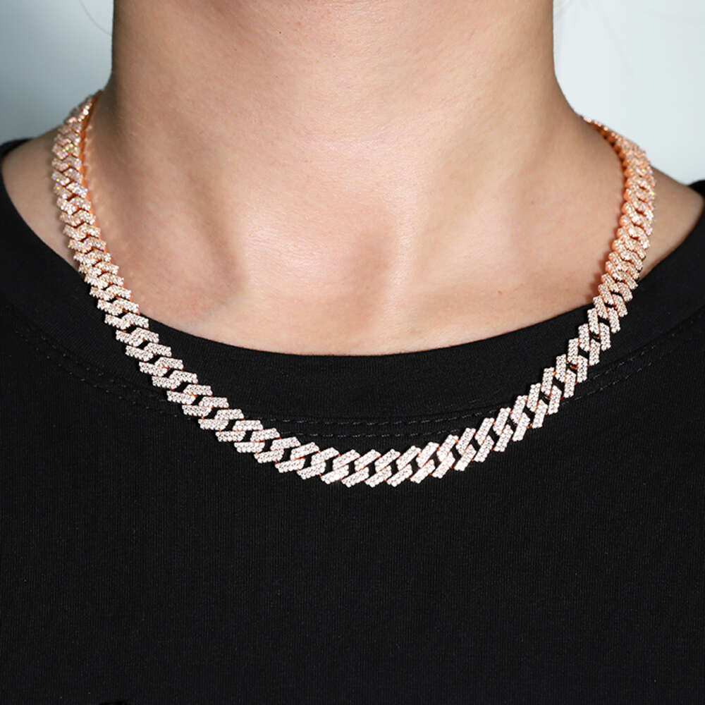 Pink Cuban Chain Pure Silver Plated 18k Gold 8mm Wide Handmade Insert 2 Rows Vvs Moissanite Cuban Link Chain