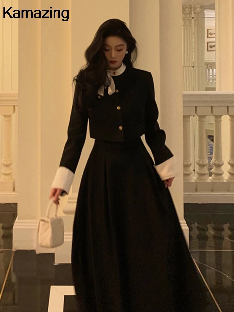 Women Elegant Korean 2 Piece Set Autumn Trend Lace Up Single Breasted Blazer Hight Waist Skirt Suit Office Lady Black Outfits 240727wtt