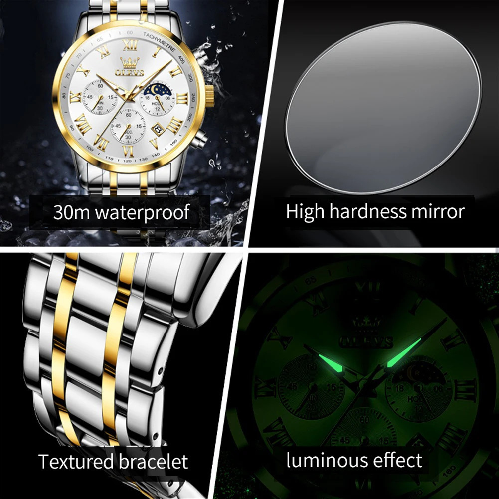 OLEVS 5529 Moonswatch Chronograph Quartz Watch For Men Stainless Steel Waterproof Man Wrist Watches Roman Scale Hand Clock 240717