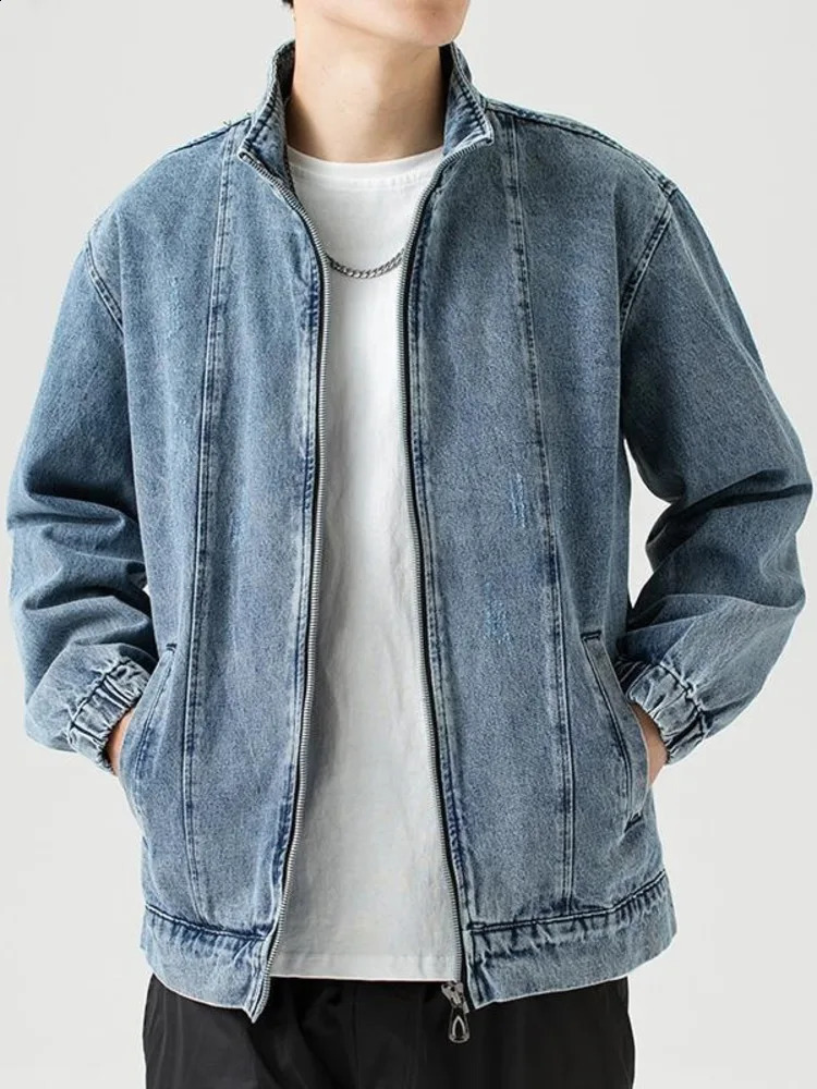 Stand up collar denim jacket mens casual autumn zipper closed loose pocket blue retro fashion clothing 240824