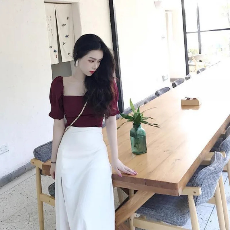 Womens Two Piece Set Skirt Slit Party White Female Outfits Clothing Arrivals Full Summer Fashion Matching Sets Korea 240727