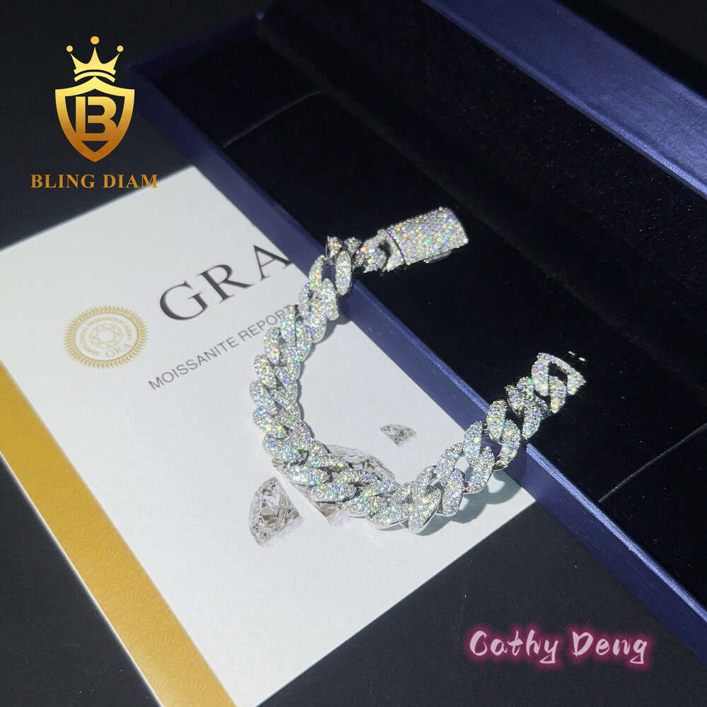 Hip Hop Bracelet 12mm Ice Out S925 Silver Vvs Moissanite Diamond Cuban Link Chain Necklace Bracelet