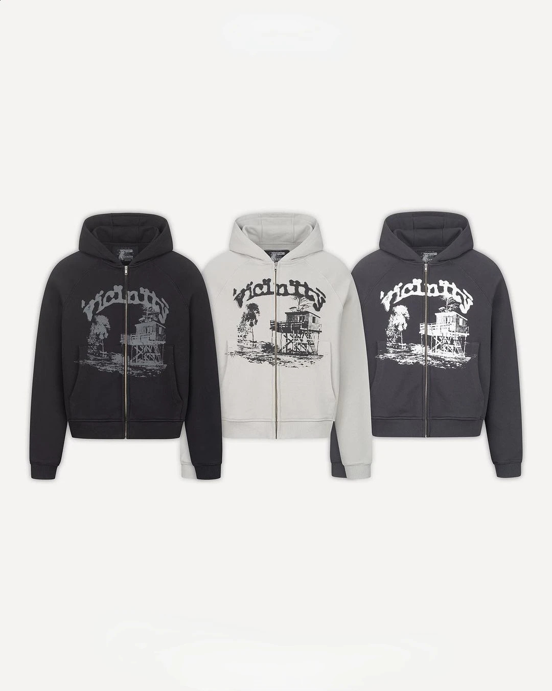 Y2k Black Retro Akimbo Shooting House Print Pattern Men Hoodie VICINITY Fashion Zip Up Hoodies Harajuku Street Sweatshirt 240722
