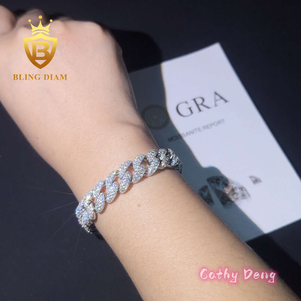 Hip Hop Bracelet 12mm Ice Out S925 Silver Vvs Moissanite Diamond Cuban Link Chain Necklace Bracelet