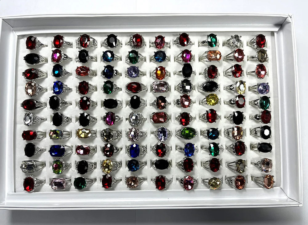 50 piecesbatch factory wholesale womens alloy finger rings multicolor gemstone colored crystal zirconia 240723