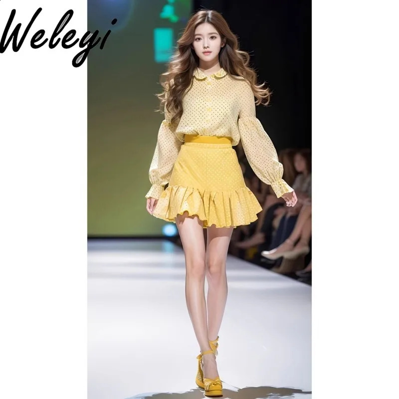 Sweet Korean Drama Female Lead Skirt Suit Ropa Mujer Spring Fashionable Yellow Polka Dot Shirt Pleated Skirts Two Piece Set 240727