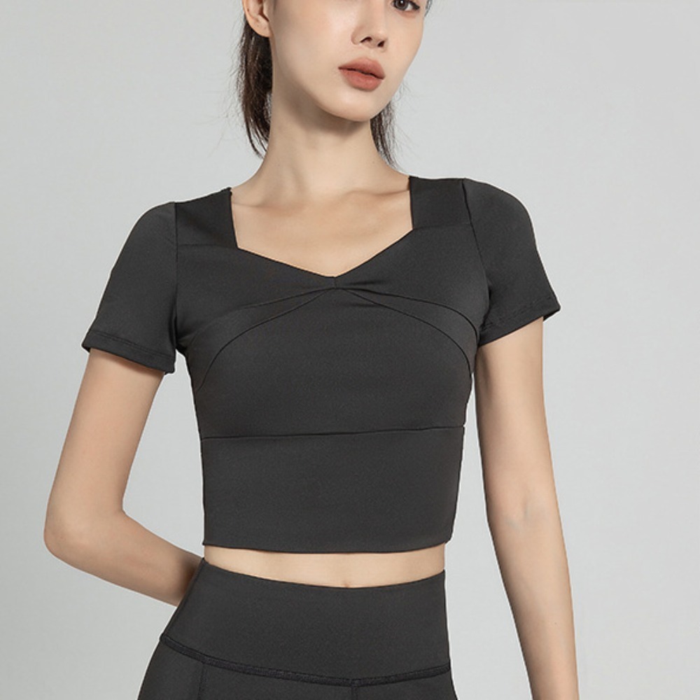 GFBB Short Sleeved Tops with Chest Pad T Shirt Sports Bra Running Slim Fit Clothes Yoga Wear