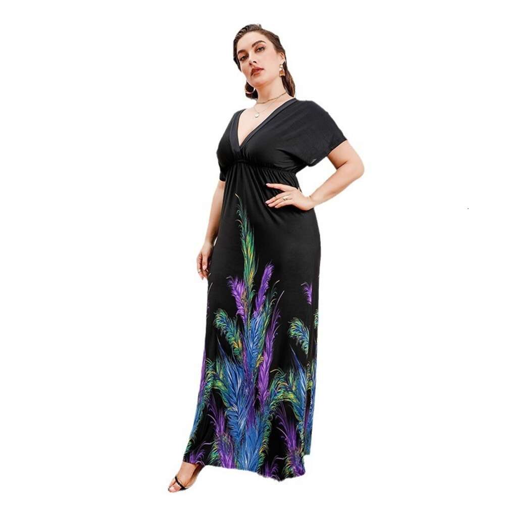 Bohemian Hot Selling Fat Mm Extended Plus Size Ice Silk Holiday Beach Mid Length Dress Sexy Dress Floral Dress Sexy Waist Temperament High Waist Dress