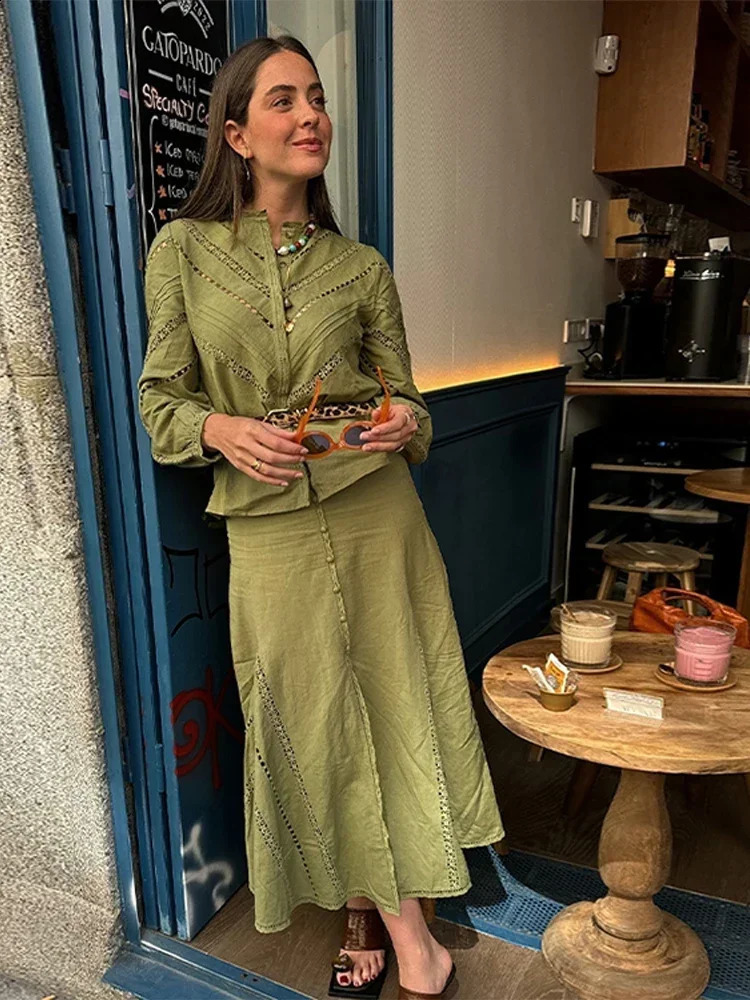 Hollow Out Shirts Skirts Set Women Elegant Single Breasted Ruffles Split Long Skirt Full Sleeve Shirt Suit Female Casual Outfits 240727