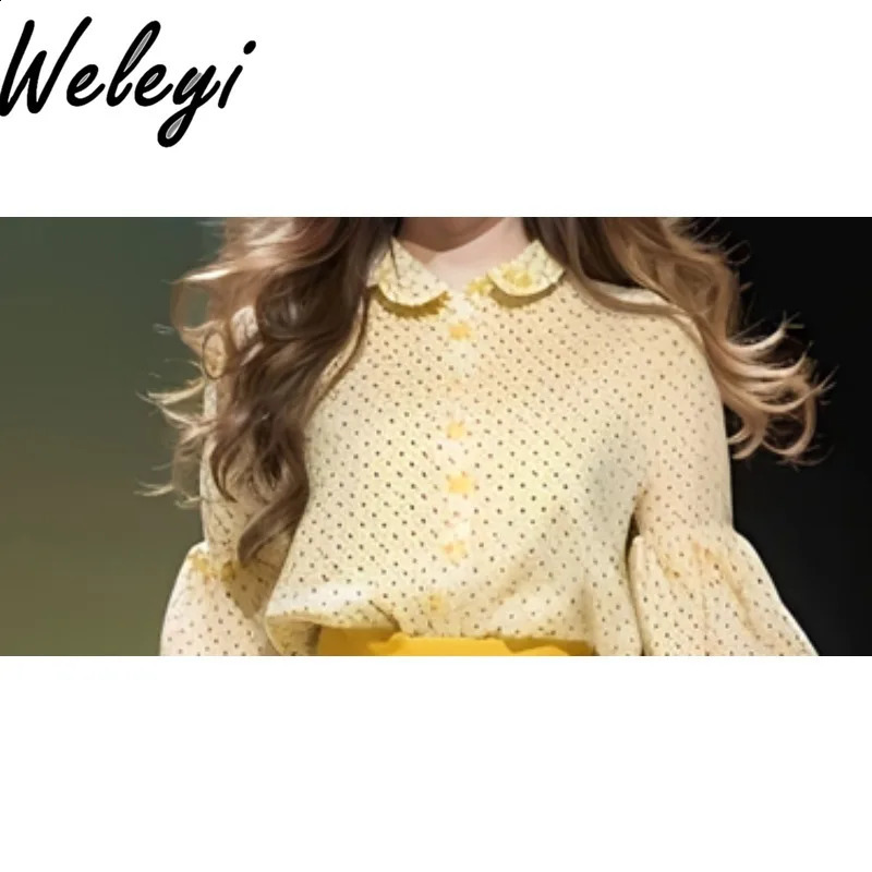 Sweet Korean Drama Female Lead Skirt Suit Ropa Mujer Spring Fashionable Yellow Polka Dot Shirt Pleated Skirts Two Piece Set 240727