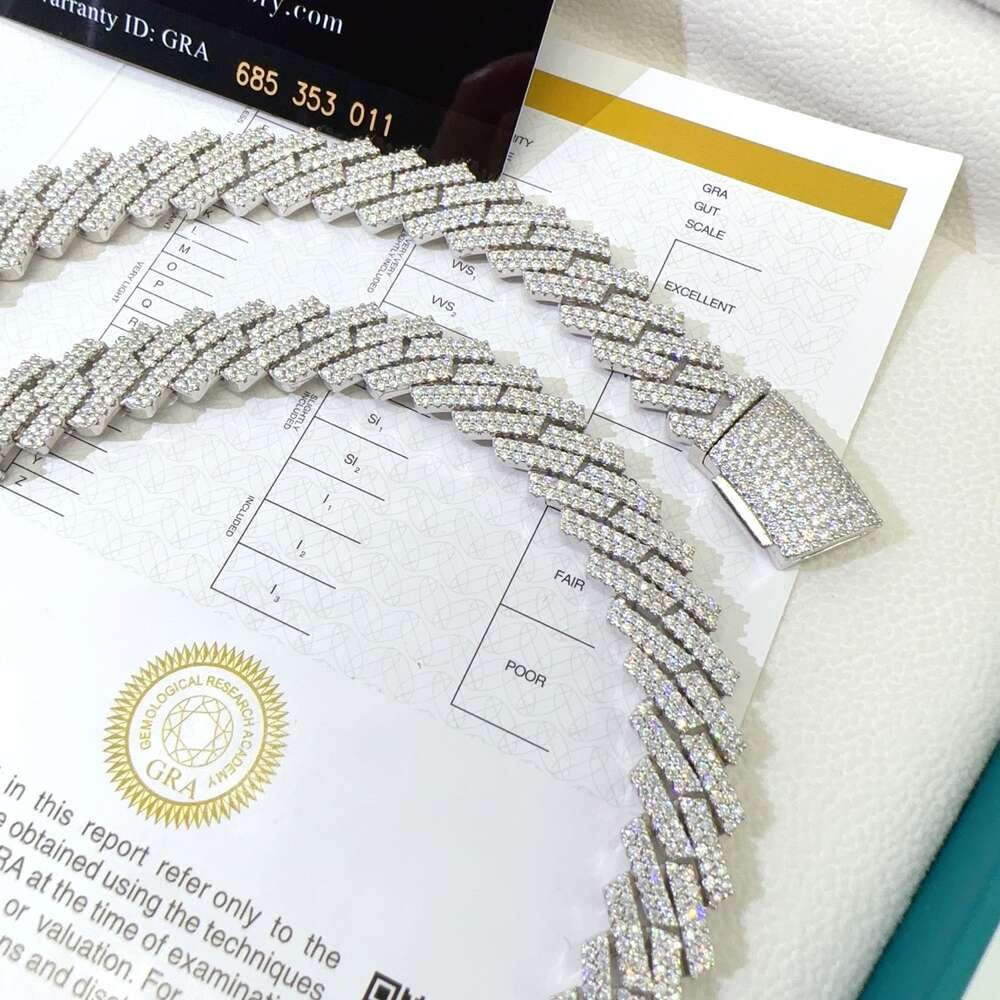 12mm Cuban Silver Chain Plated Necklace for Men Moissanite Prong Link 925 Diamond Bracelet
