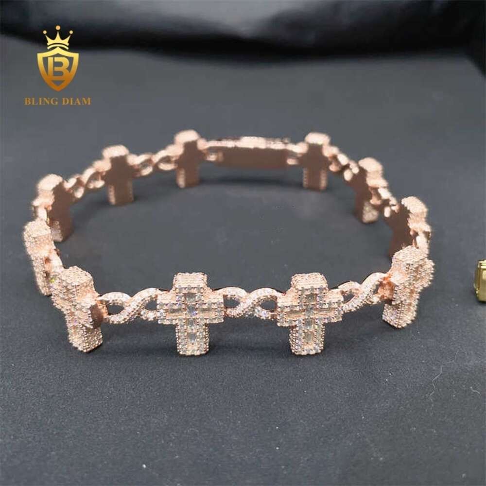 New Custom Hiphop Bracelet Sterling 925 Silver Cross Design Baguette Moissanite Diamond Ice Out Cuban Link Chain Bracelet