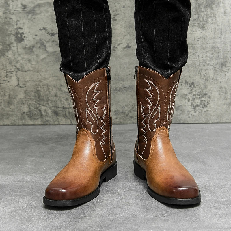 Handmade Men Cowboy Boot High Quality Embroidery Western Leather Flat Boots Mid-calf Male Boots Outdoor Zipper Riding Boots 240724