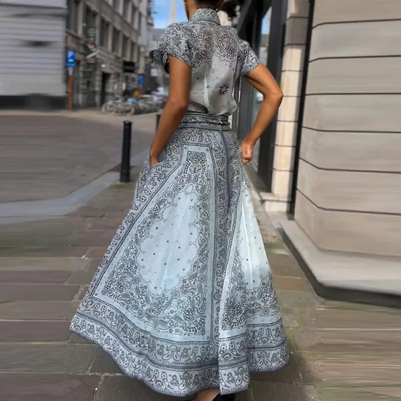 Women Fashion Pattern Print Two Piece Set Spring Lapel Button Blouse Top Long Skirts Bohe Suit Summer Short Sleeve Beach Outfit 240727