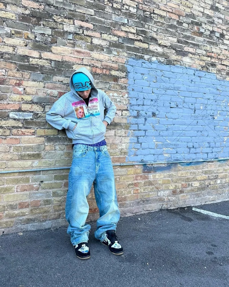 Zipup Street Fashion Clothing European and American Printed Oversized Sweatshirt Men Y2K Retro Loose Zipper Hoodie 240722