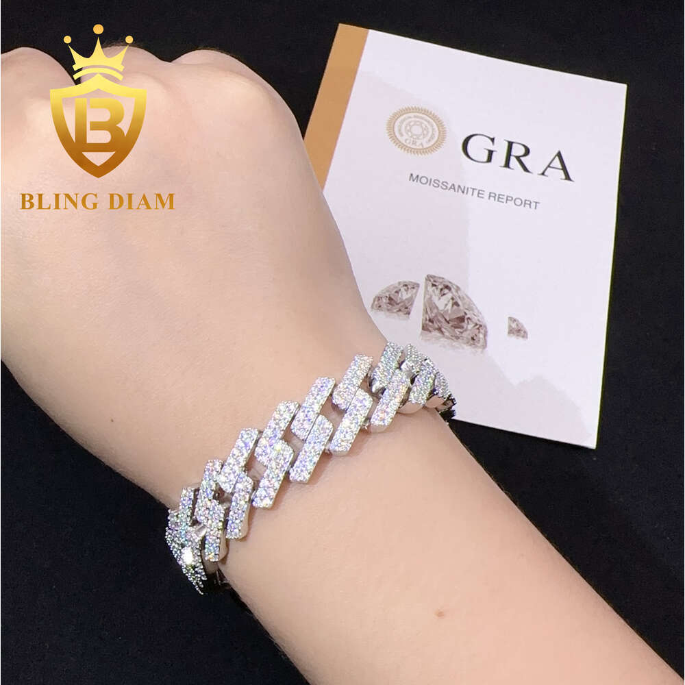 Pass Diamond Test Ice Out 15mm Hip Hop Bracelet 2 Row Round Cut S925 Silver Vvs Moissanite Miami Cuban Chain for Men