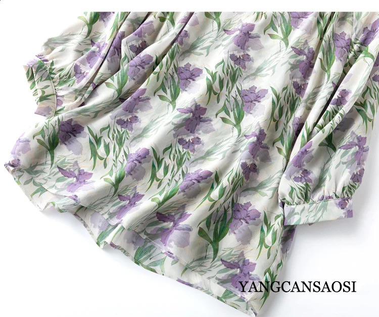 Beautiful Purple Elegant Romantic French Iris Silk VNeck Lantern Sleeve Tshirt Same Print Fashion Halfskirt Womens Set 240727