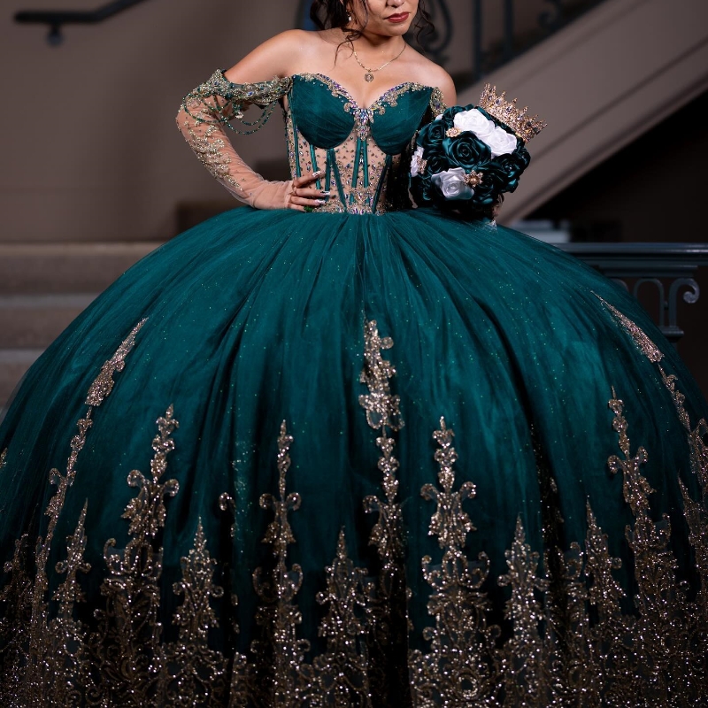 Blackish Green Sequined Appliques Cinnamon Quinceanera Ball Gown Off The Shoulder Birthday Dress Lace Up quinceanera de 15 anos