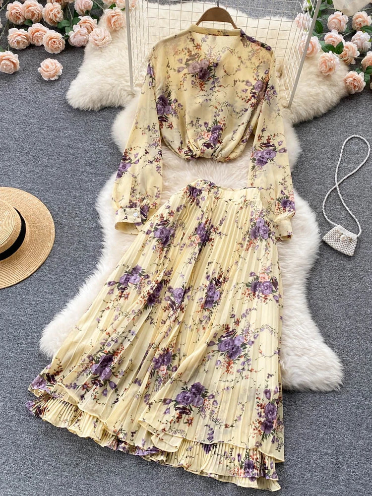 Women Summer Bohemian Floral Print Skirt Set Long Sleeve Short Tops High Waist Pleated Midi Female Two Piece Suits 240727