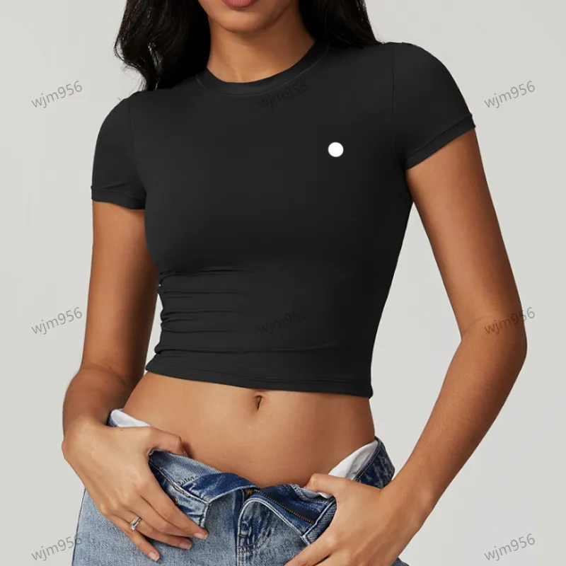 T-shirt yoga décontracté manches courtes près du corps couleur unie, haut slim femme sport Pilates streetwear confortable