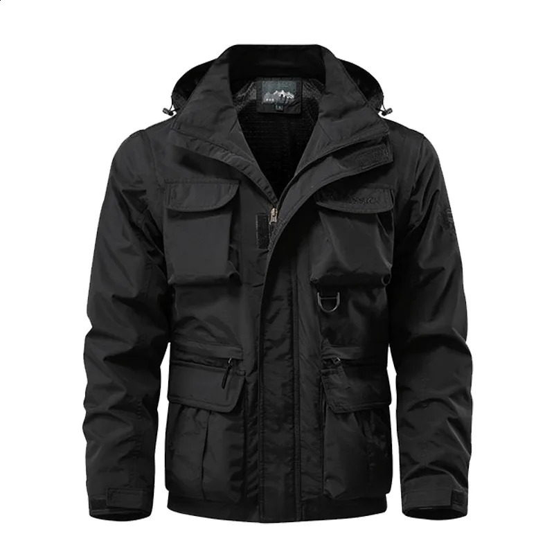 Detachable windproof hooded jacket mens casual waterproof multi bag cargo vest suitable for outdoor activities 240807