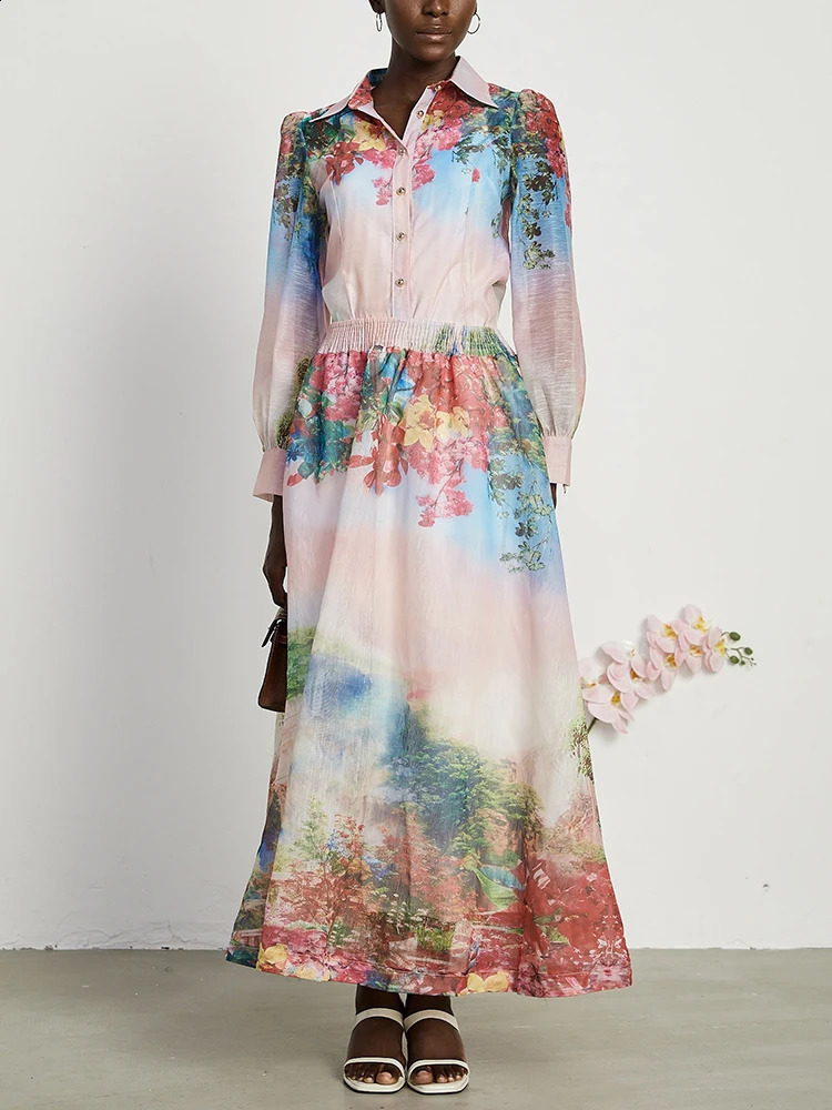 TWOTWINSTYLE Colorblock Printing Two Piece Set For Women Lapel Long Sleeve Top High Waist A Line Skirt Formal Sets Female 240727