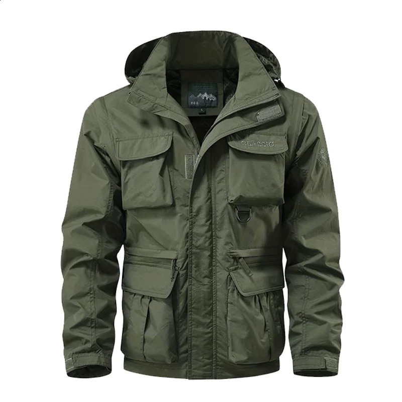 Detachable windproof hooded jacket mens casual waterproof multi bag cargo vest suitable for outdoor activities 240807