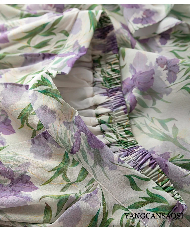 Beautiful Purple Elegant Romantic French Iris Silk VNeck Lantern Sleeve Tshirt Same Print Fashion Halfskirt Womens Set 240727