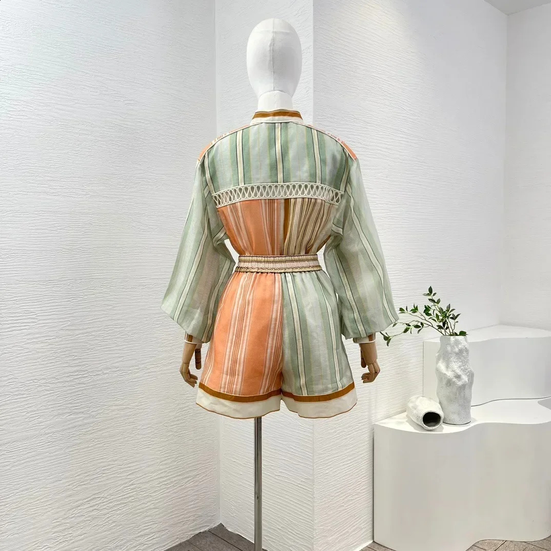 Womens Two Peice Sets Orange Green Patchwork Striped Buttons Long Sleeve Blouse and Shorts 240727