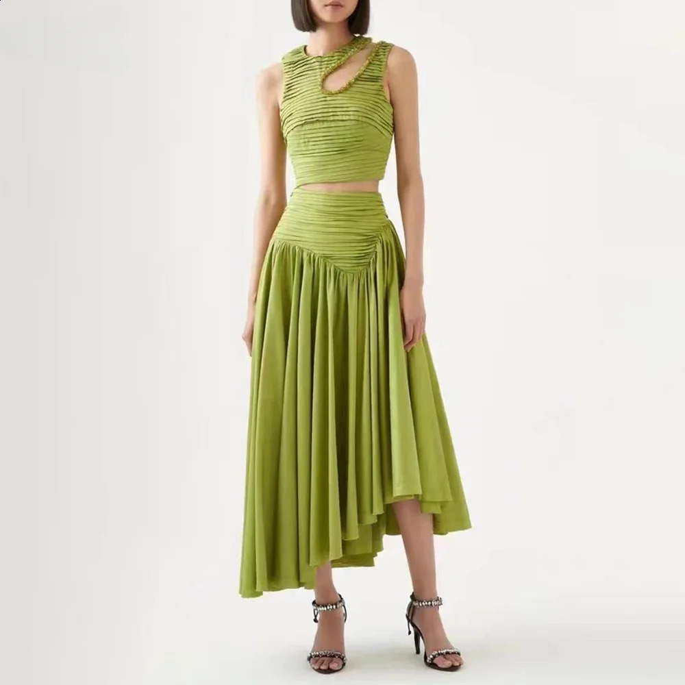 Sleeveless Pleated Crop Top and Irregular Hem Pleated Skirt Two-Piece Set for Women
