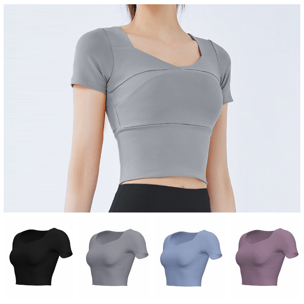 GFBB Short Sleeved Tops with Chest Pad T Shirt Sports Bra Running Slim Fit Clothes Yoga Wear