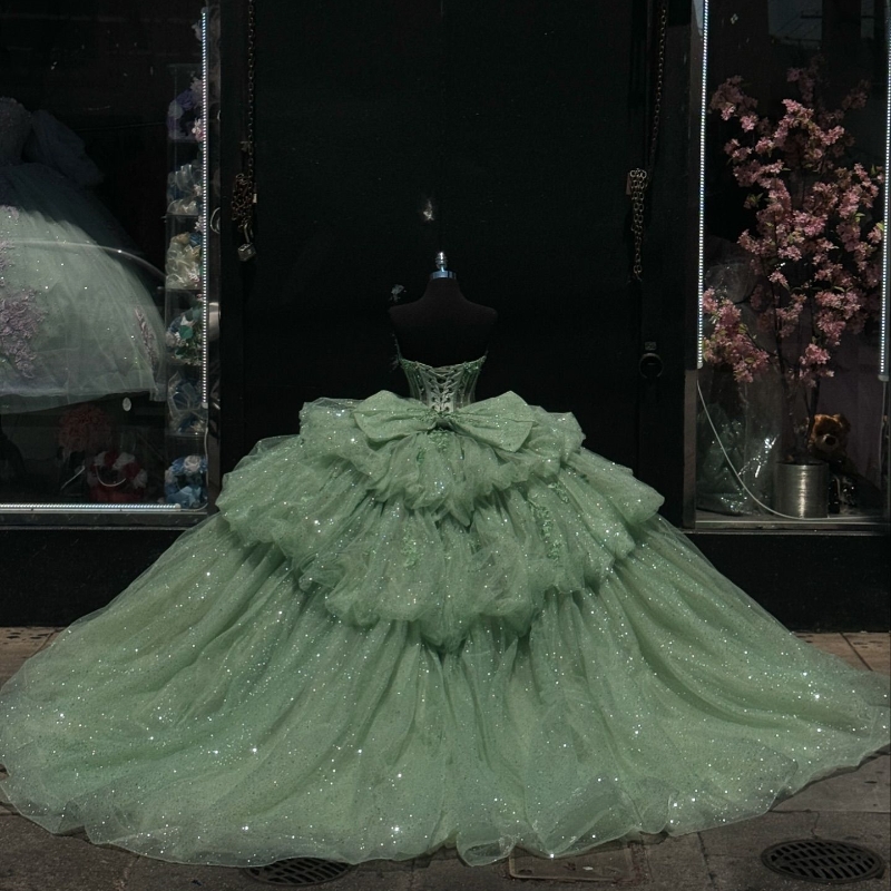 Sage Green Sparkly Quinceanera Dresses 2024 Off Shoulder Lace Beads Corset vestido 15 anos quinceanera lace-up Sweet 15 Gown
