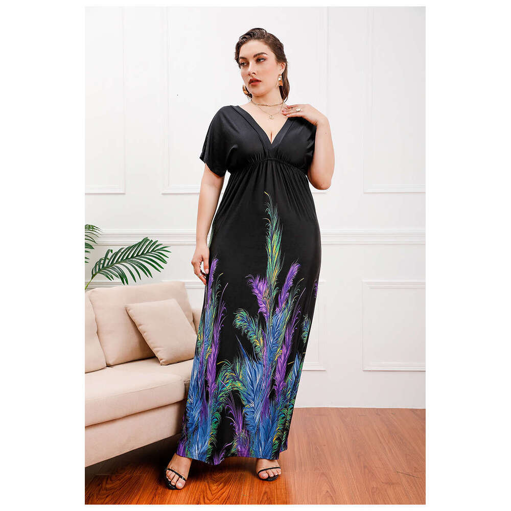 Bohemian Hot Selling Fat Mm Extended Plus Size Ice Silk Holiday Beach Mid Length Dress Sexy Dress Floral Dress Sexy Waist Temperament High Waist Dress