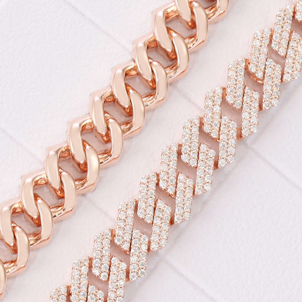 Pink Cuban Chain Pure Silver Plated 18k Gold 8mm Wide Handmade Insert 2 Rows Vvs Moissanite Cuban Link Chain