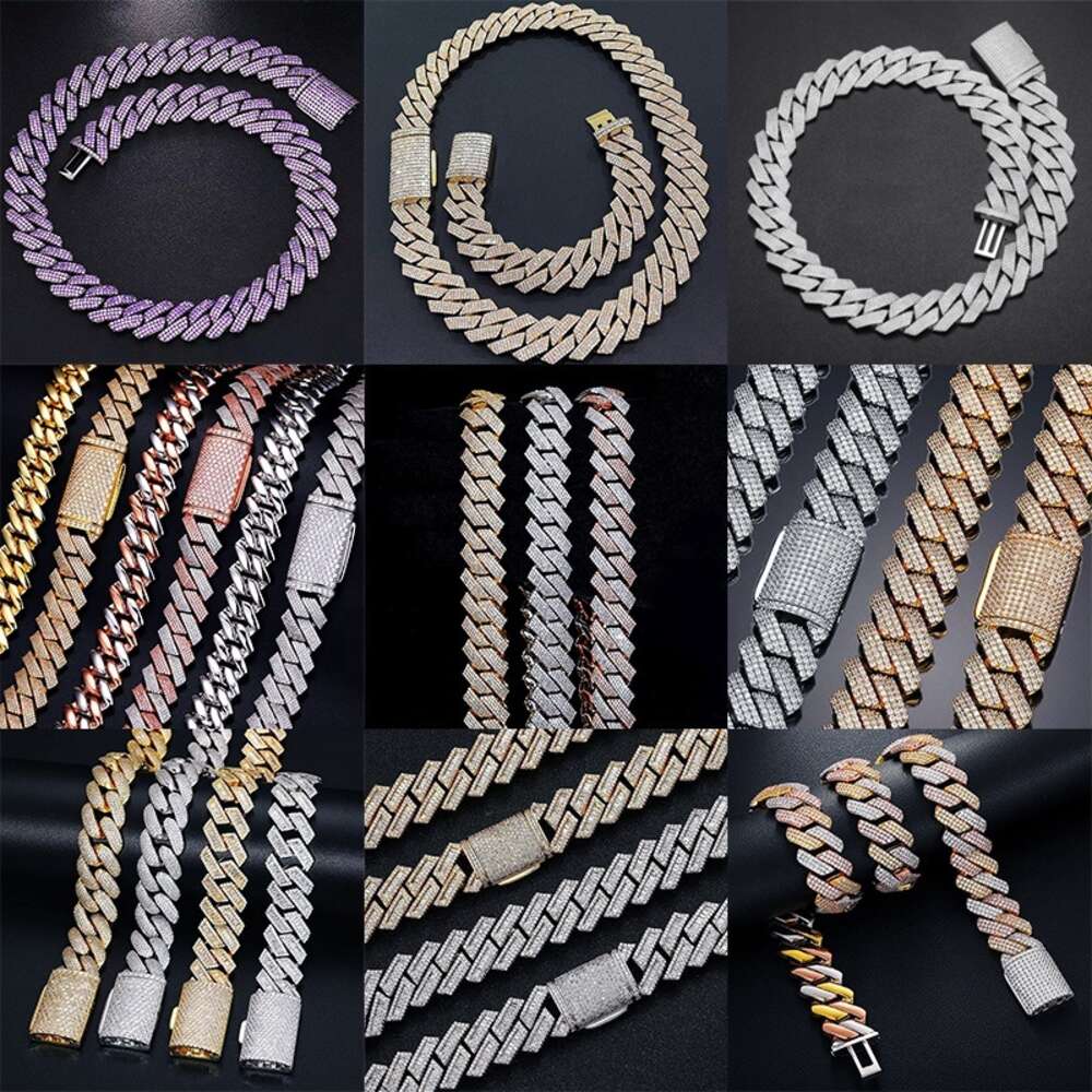 Rose Gold 24mm 5 Rows Vvs Moissanite Diamonds Pass Tester Sterling Silver Miami Cuban Chain Moissanite Necklace