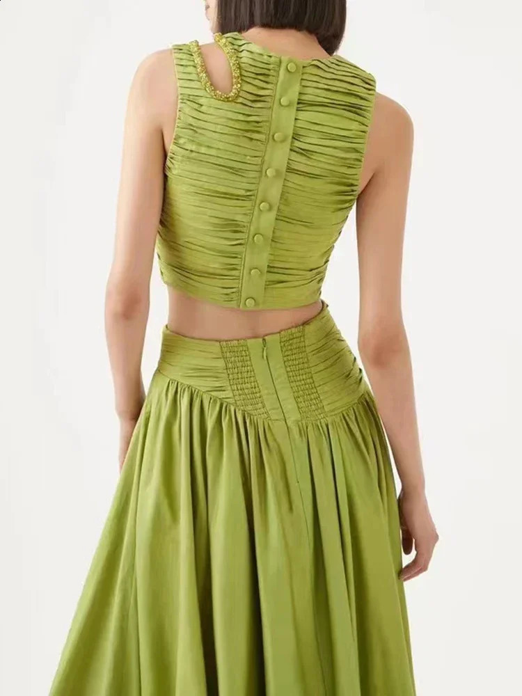 Sleeveless Pleated Crop Top and Irregular Hem Pleated Skirt Two-Piece Set for Women