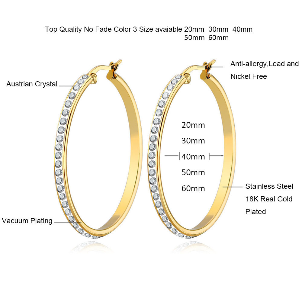 18K Real Gold Plated Stainless Steel Big Hoop Earrings for Women Austrian Crystal Large Round Circle Hoops Earring Clip On Earrings Jewelry Gift 2MM 3 - view 4
